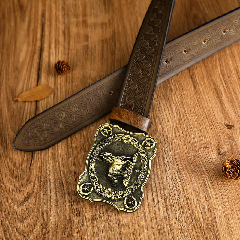 Men's Sturdy Steed Embossed Weave Pattern Leather Belt - Image 4