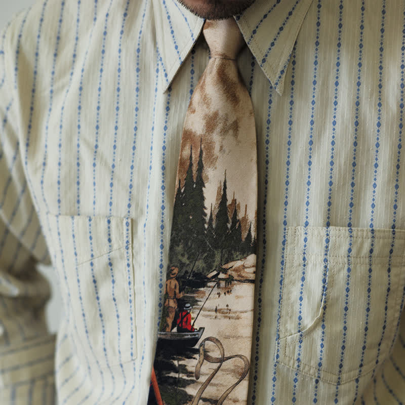 Men's Stylish Lake Scene Fishing Printing Necktie - Image 2
