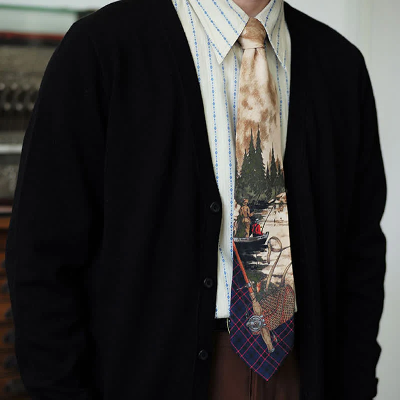 Men's Stylish Lake Scene Fishing Printing Necktie - Image 3