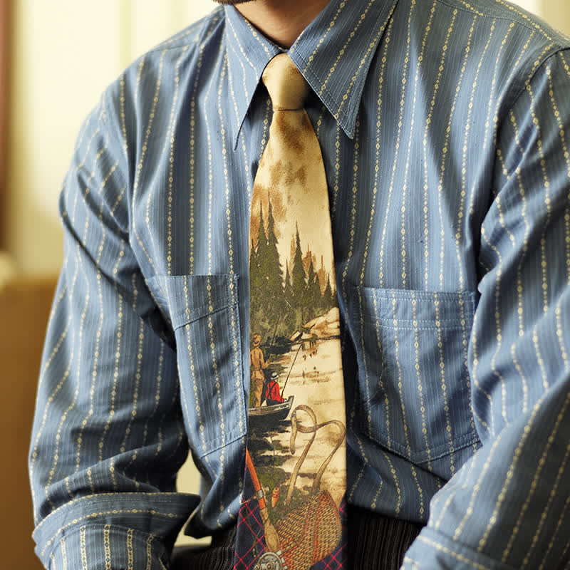 Men's Stylish Lake Scene Fishing Printing Necktie - Image 5
