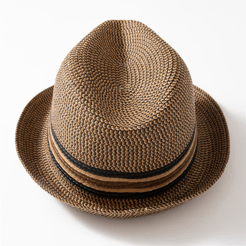 Men's Summer Coffee Brown Straw Fedora Hat - Image 2