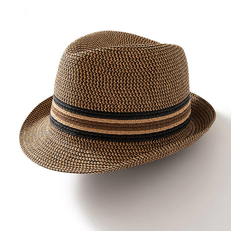 Men's Summer Coffee Brown Straw Fedora Hat - Image 6