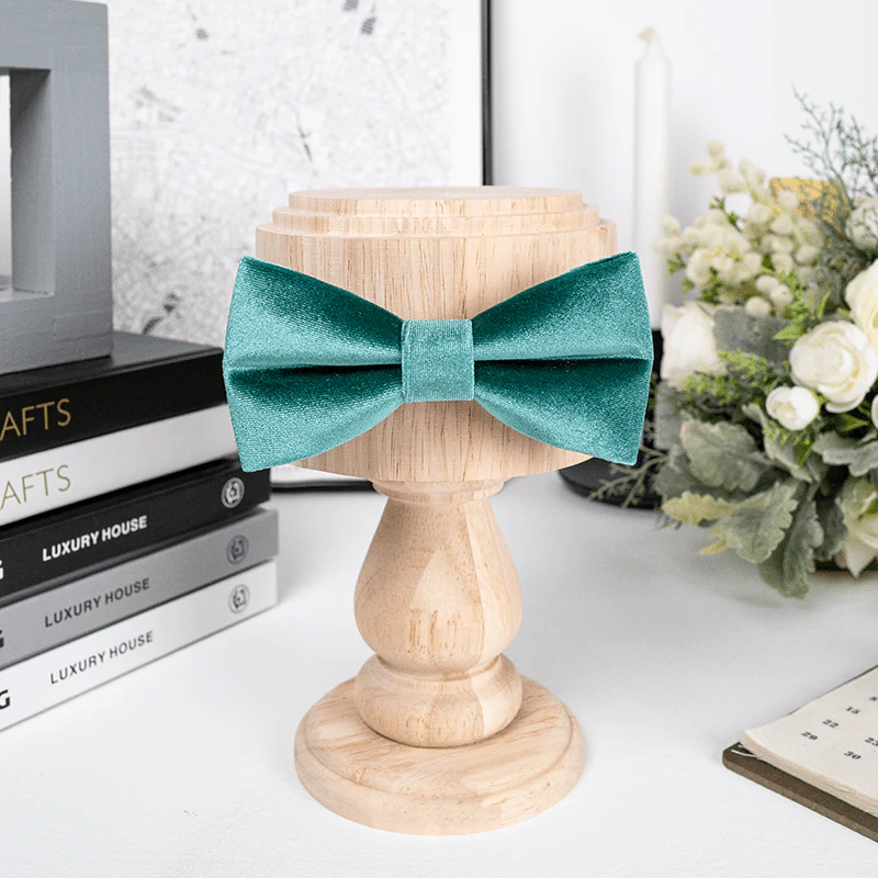 Men's Teal Green Solid Color Velvet Bow Tie - Image 3