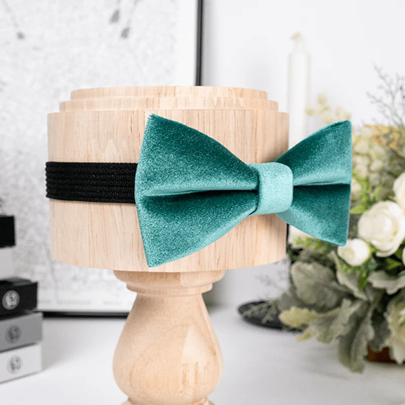 Men's Teal Green Solid Color Velvet Bow Tie - Image 4