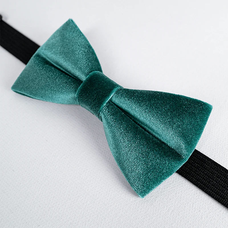 Men's Teal Green Solid Color Velvet Bow Tie - Image 5