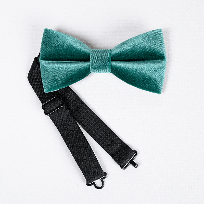 Men's Teal Green Solid Color Velvet Bow Tie - Image 6