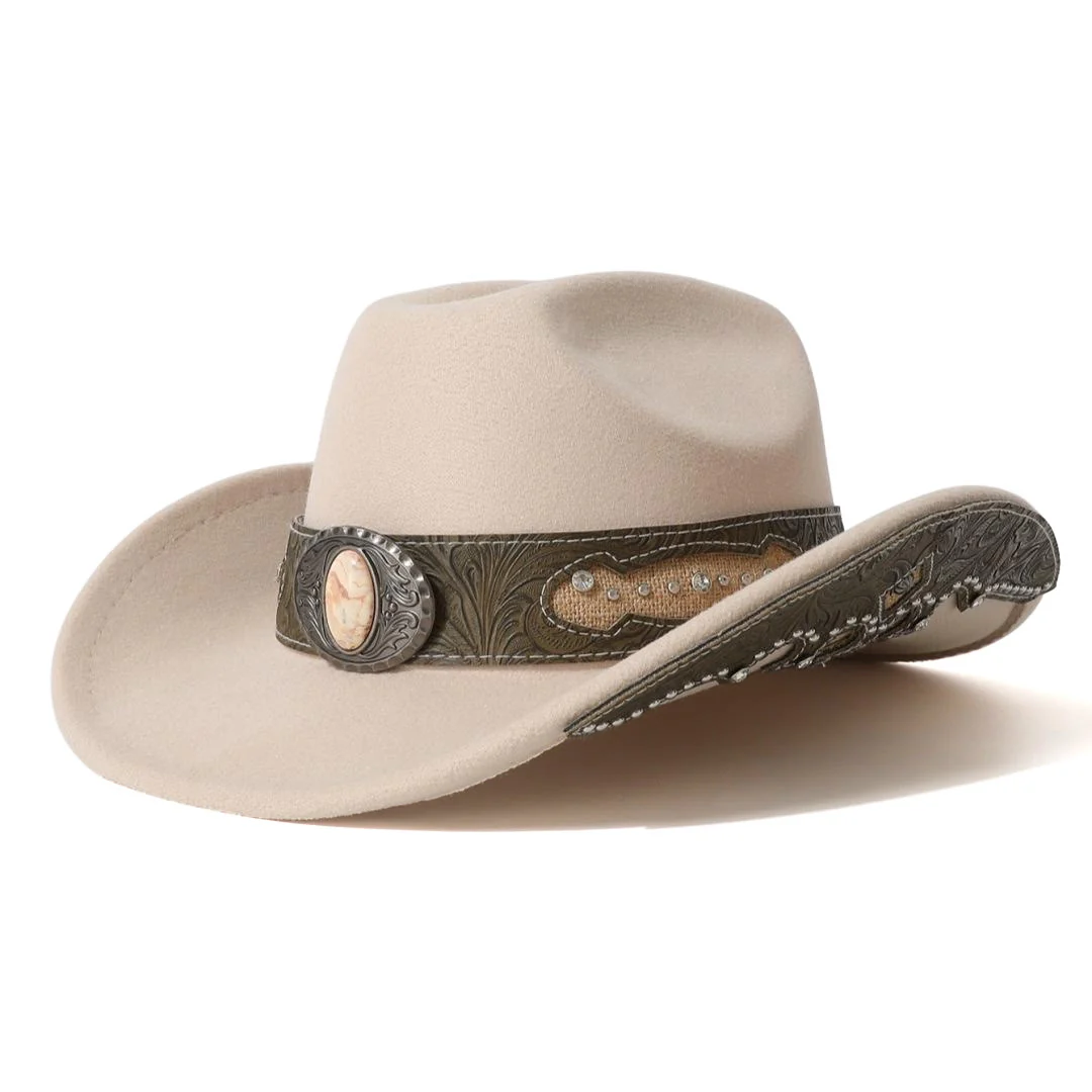 Men's Textured Stone Rivet Patterned Brim Belt Cowboy Hat - Image 3
