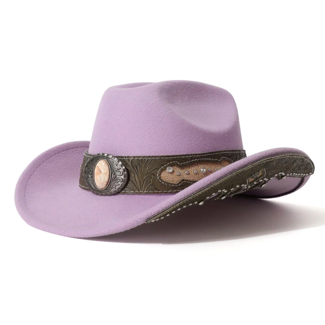 Men's Textured Stone Rivet Patterned Brim Belt Cowboy Hat - Image 4