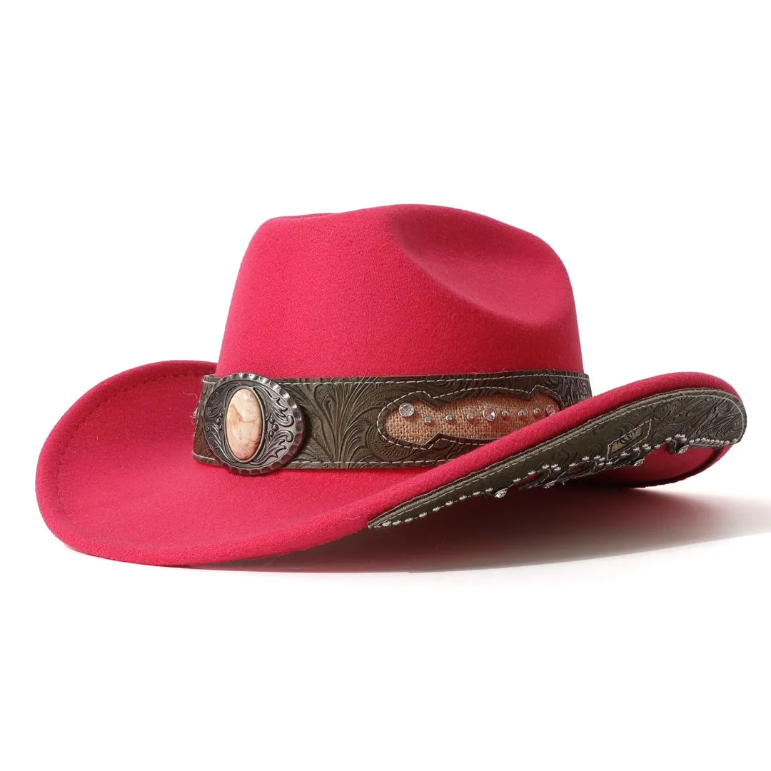 Men's Textured Stone Rivet Patterned Brim Belt Cowboy Hat - Image 5