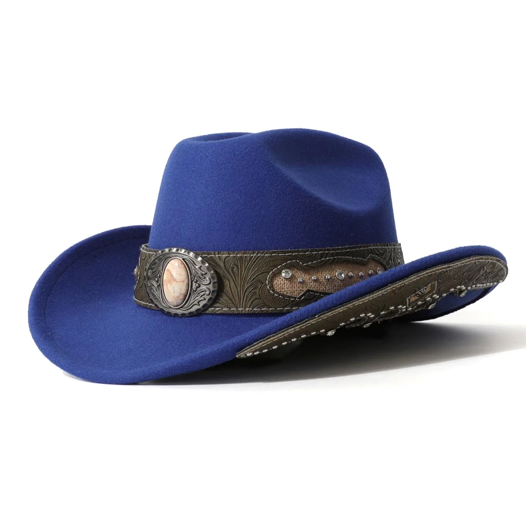 Men's Textured Stone Rivet Patterned Brim Belt Cowboy Hat - Image 7