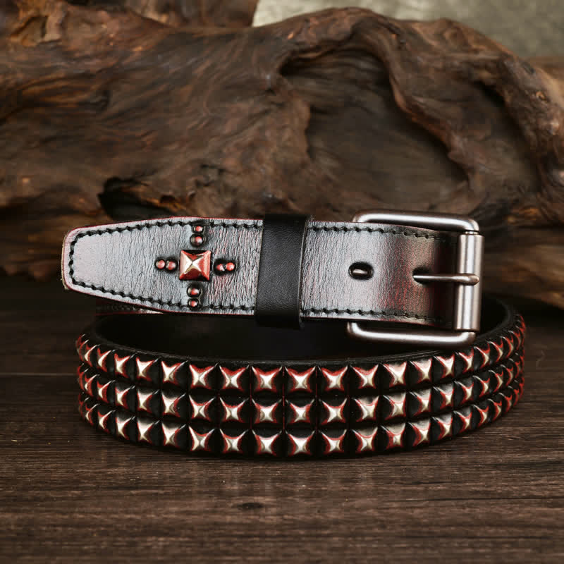 Men's Three Row Classic Pyramid Rivets Leather Belt - Image 3