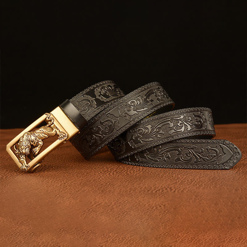 Men's Tiger Buckle Floral Embossed Leather Belt - Image 15