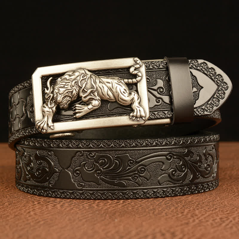Men's Tiger Buckle Floral Embossed Leather Belt - Image 20