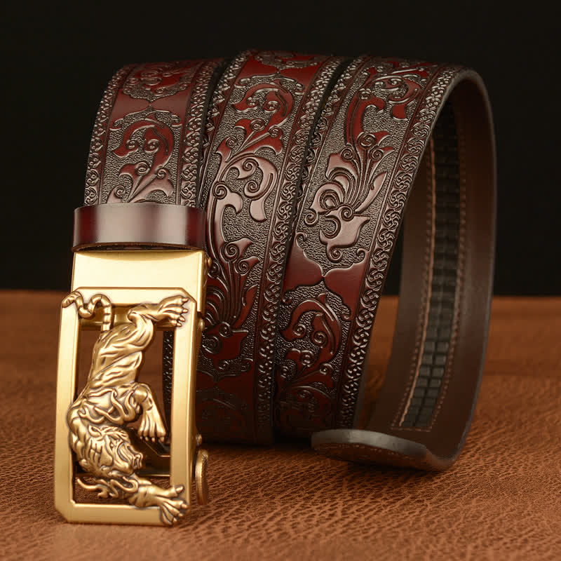 Men's Tiger Buckle Floral Embossed Leather Belt - Image 3