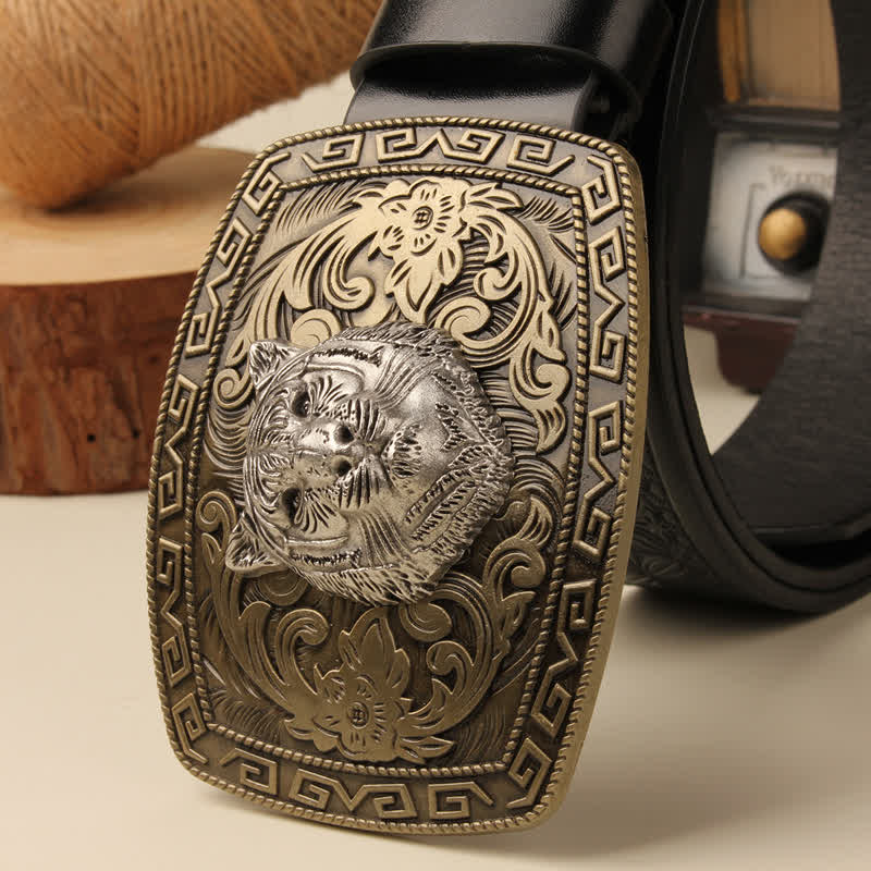 Men's Tiger Head Buckle Carved Floral Buckle Leather Belt - Image 3