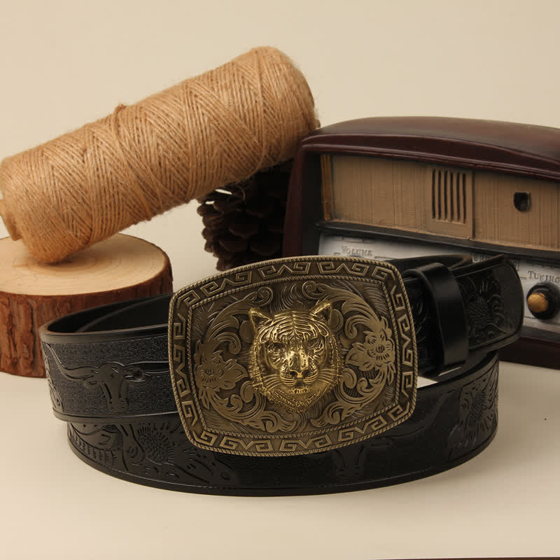 Men's Tiger Head Buckle Carved Floral Buckle Leather Belt - Image 5
