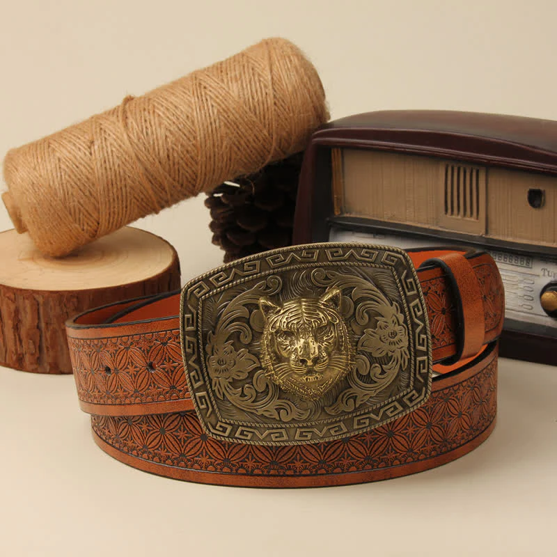 Men's Tiger Head Buckle Carved Floral Buckle Leather Belt - Image 6