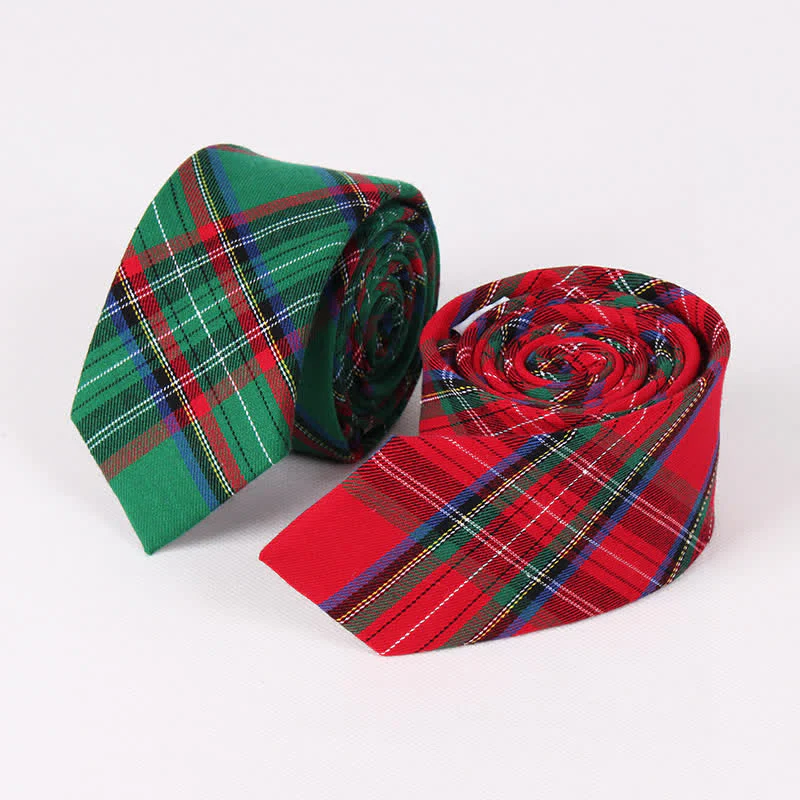 Men's Traditional Green Red Check Plaid Necktie - Image 2