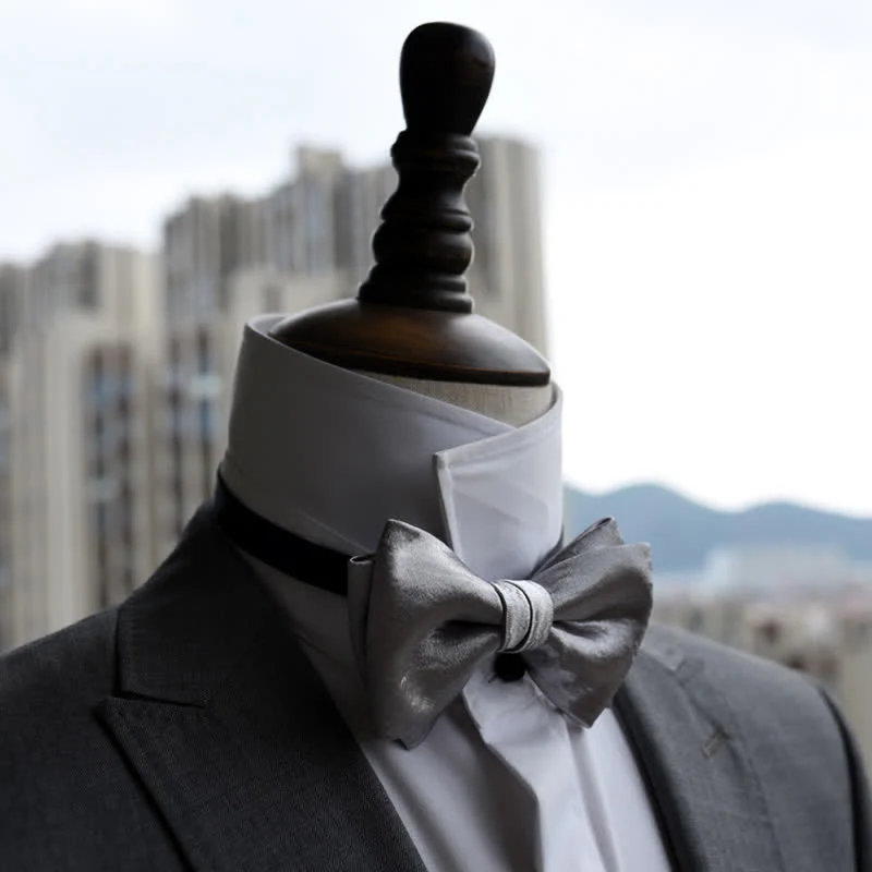 Men's Trendy Glossy Silver Gray Double Layered Bow Tie - Image 2