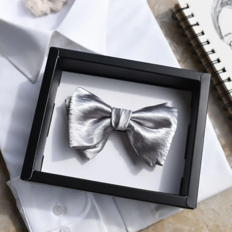 Men's Trendy Glossy Silver Gray Double Layered Bow Tie - Image 3