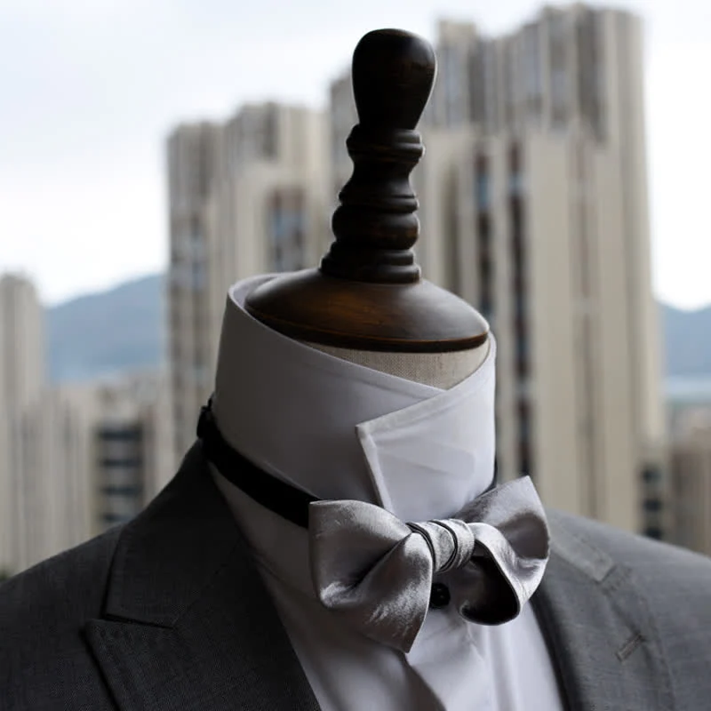 Men's Trendy Glossy Silver Gray Double Layered Bow Tie - Image 7