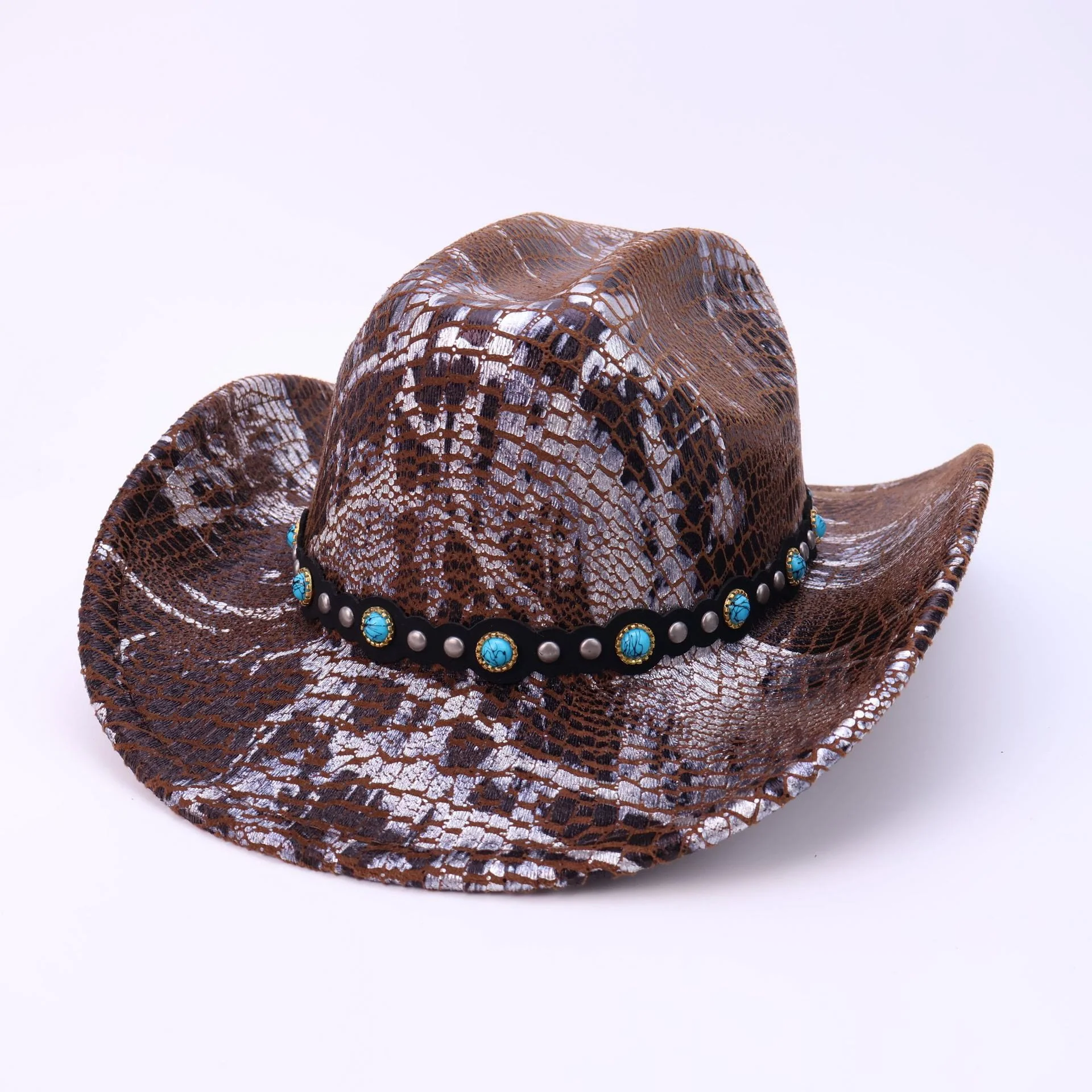Men's Turquoise Black Belt Crocodile Pattern Cowboy Hat