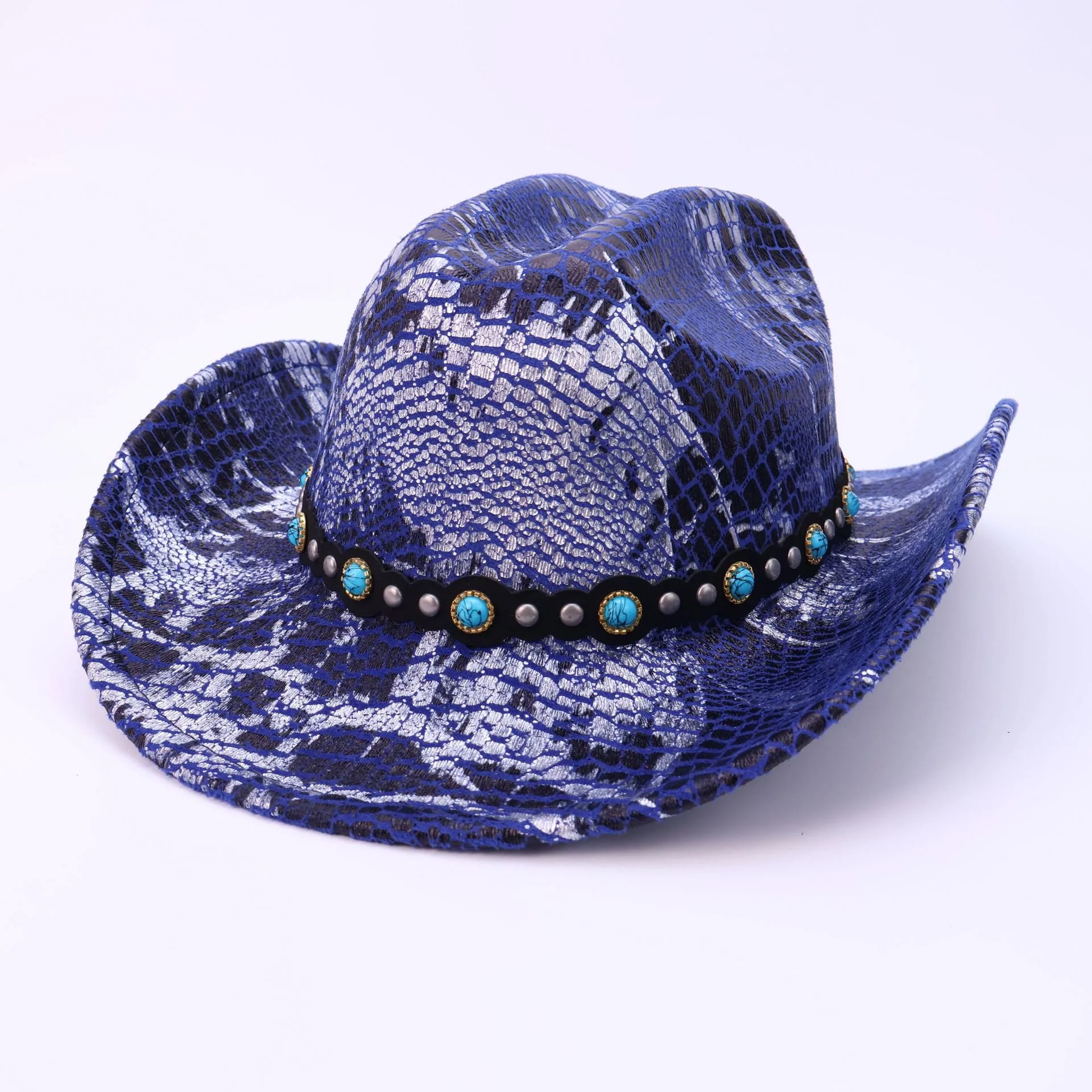 Men's Turquoise Black Belt Crocodile Pattern Cowboy Hat - Image 10