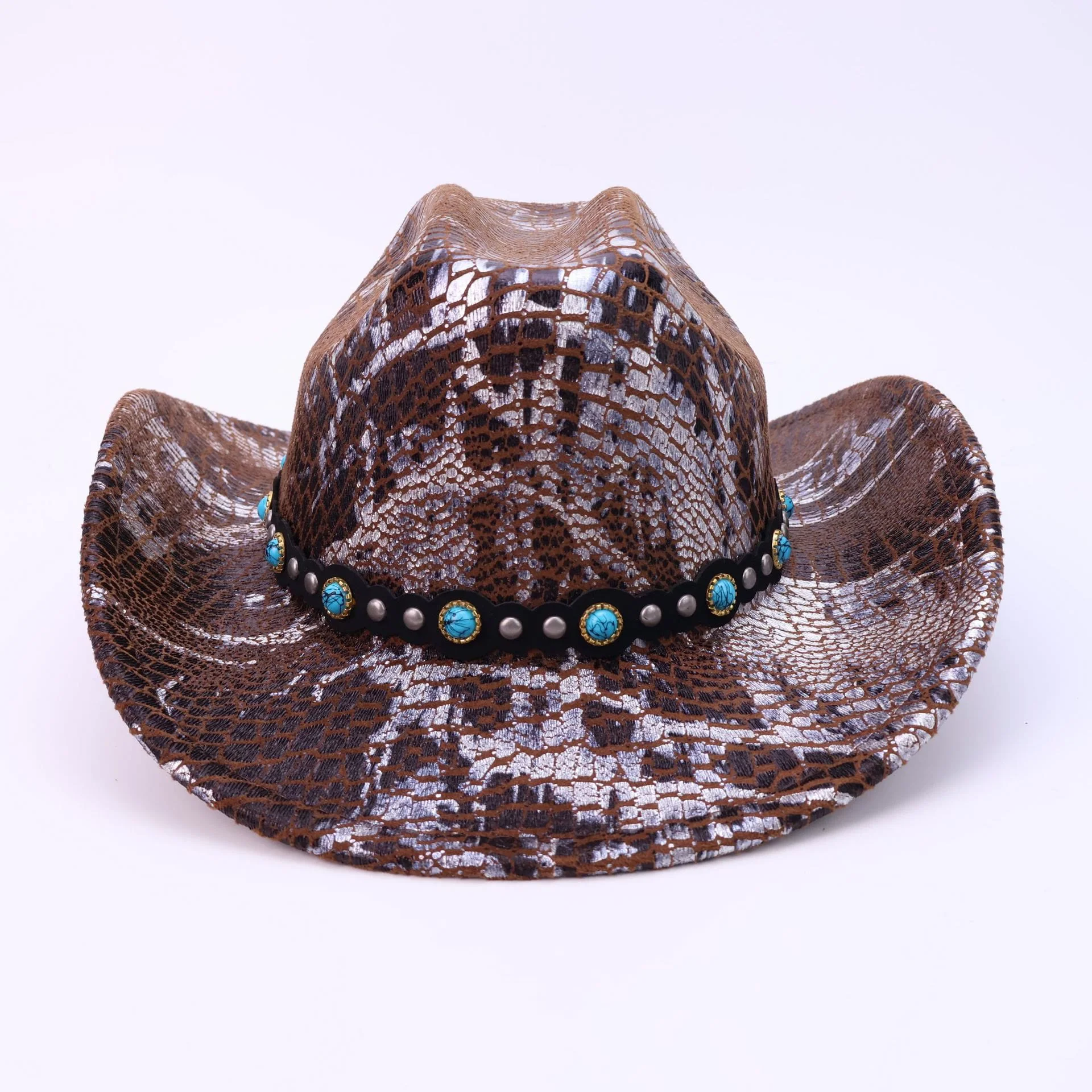 Men's Turquoise Black Belt Crocodile Pattern Cowboy Hat - Image 2