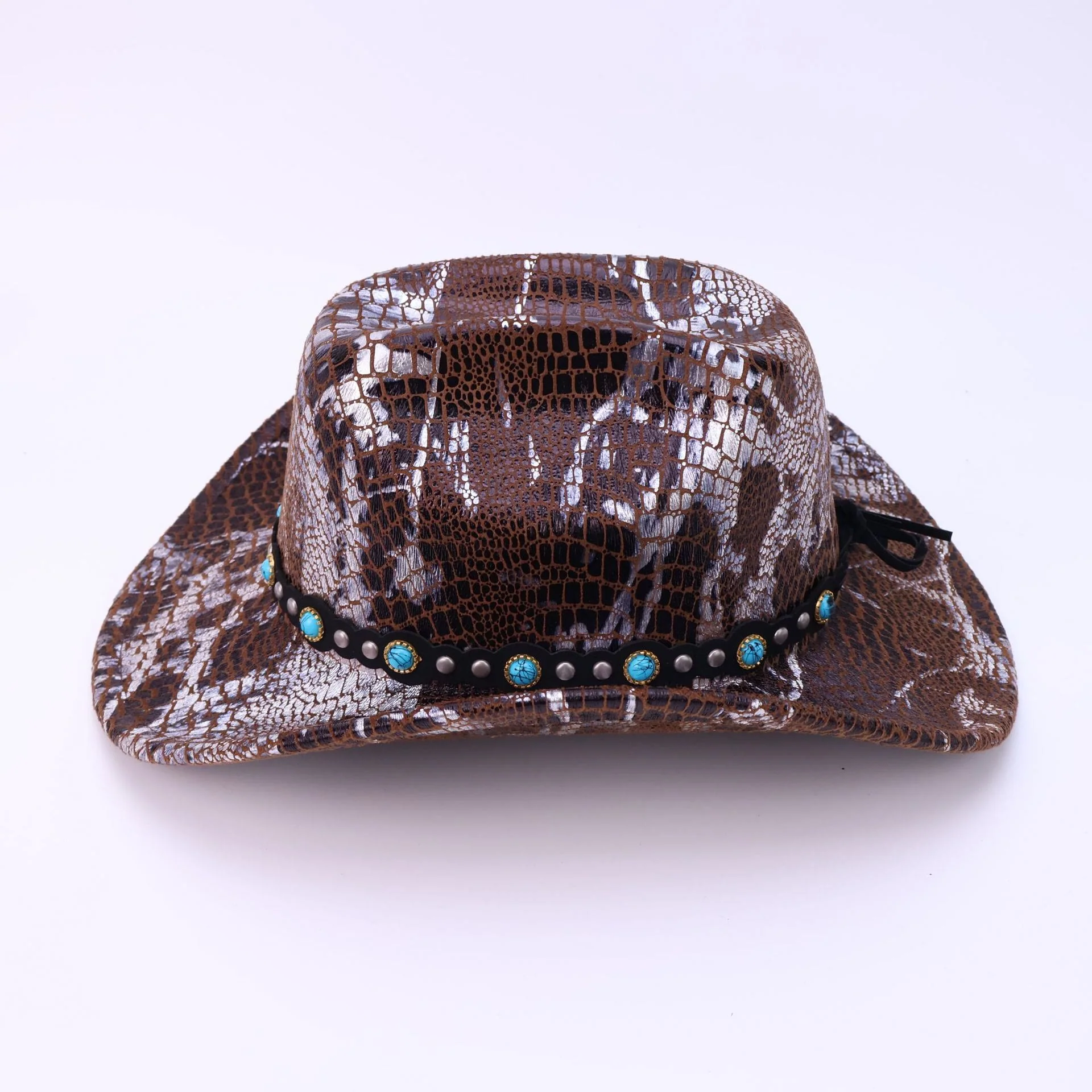 Men's Turquoise Black Belt Crocodile Pattern Cowboy Hat - Image 4