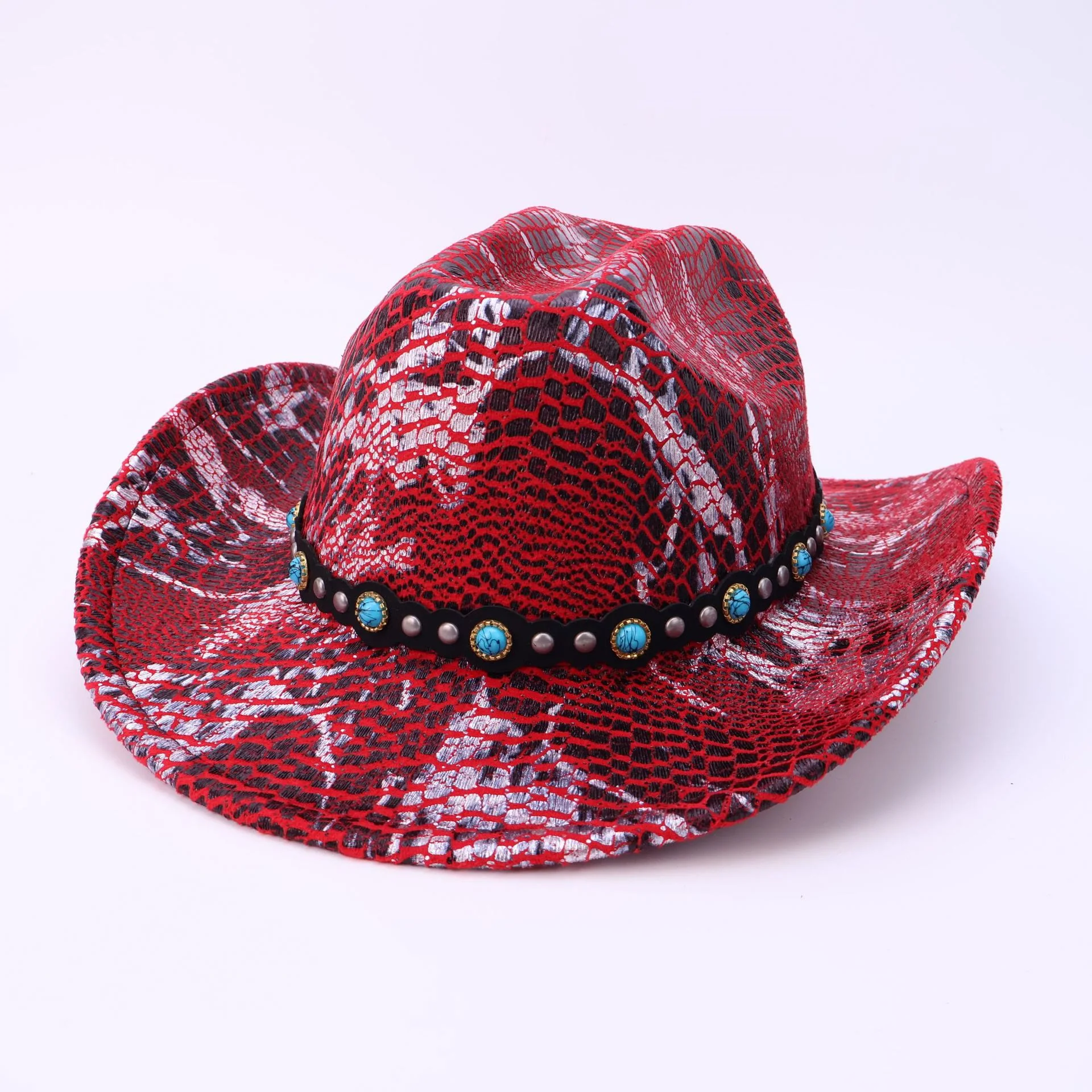 Men's Turquoise Black Belt Crocodile Pattern Cowboy Hat - Image 6