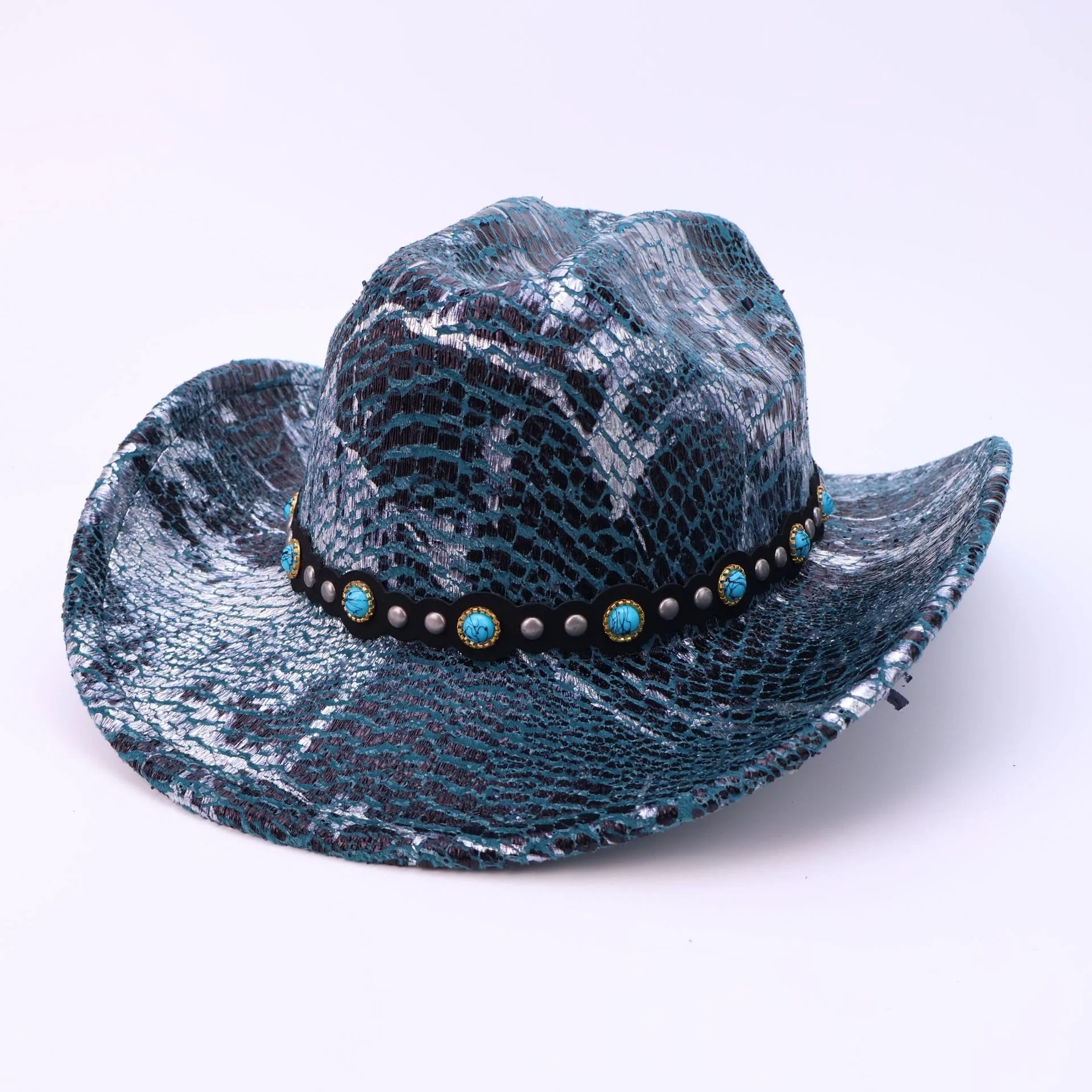 Men's Turquoise Black Belt Crocodile Pattern Cowboy Hat - Image 7