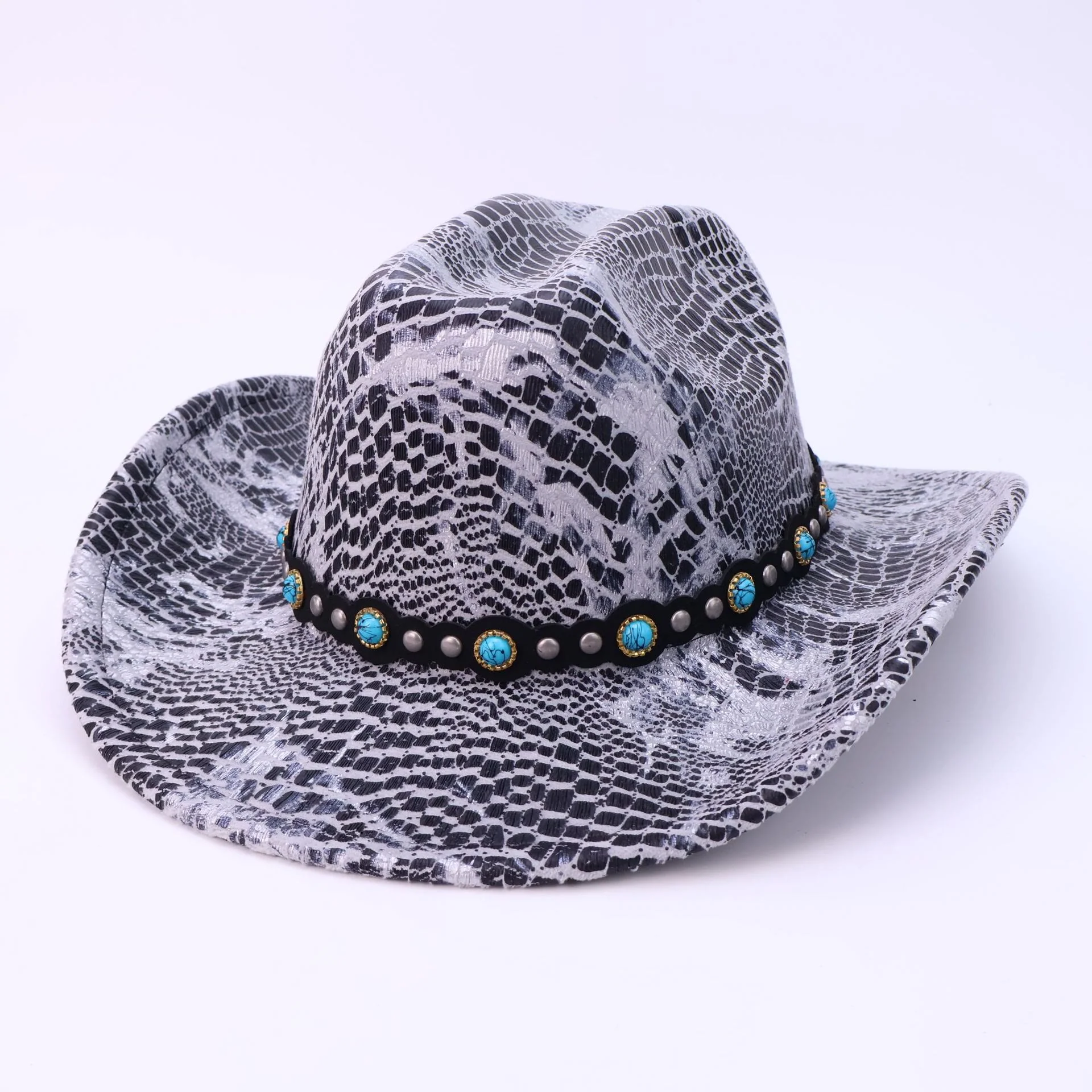 Men's Turquoise Black Belt Crocodile Pattern Cowboy Hat - Image 8