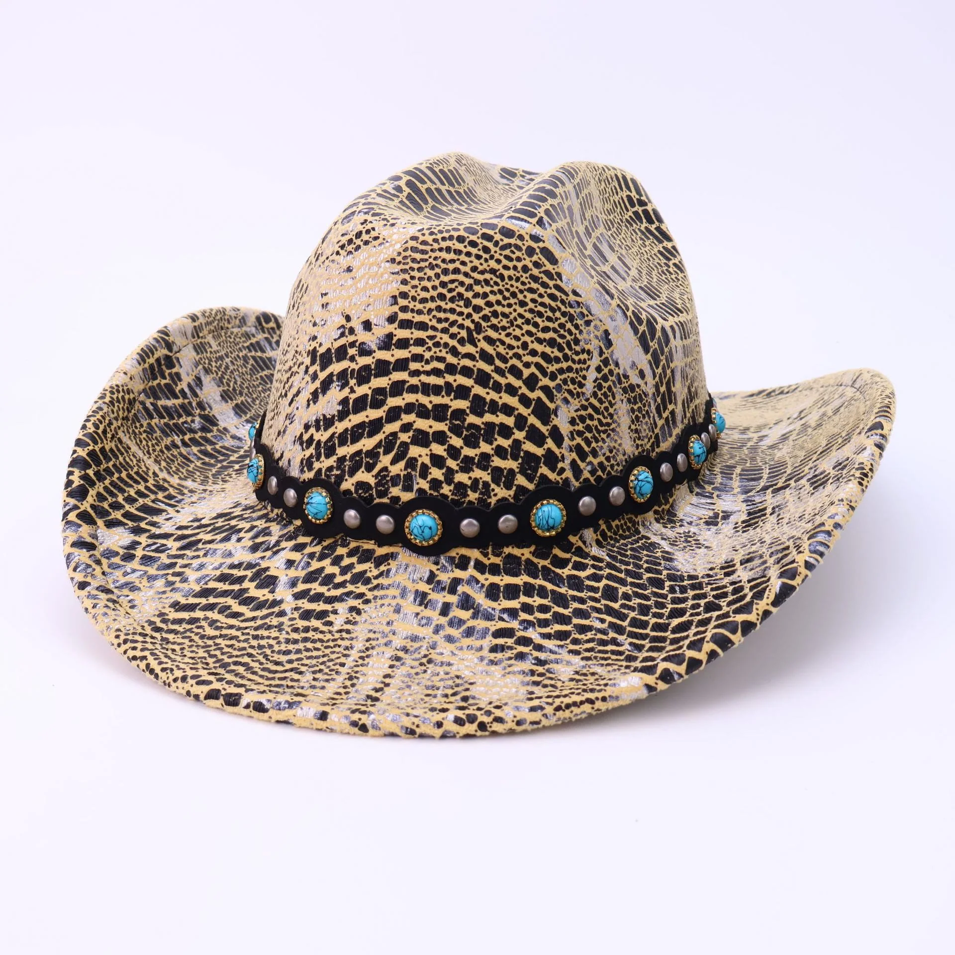 Men's Turquoise Black Belt Crocodile Pattern Cowboy Hat - Image 9