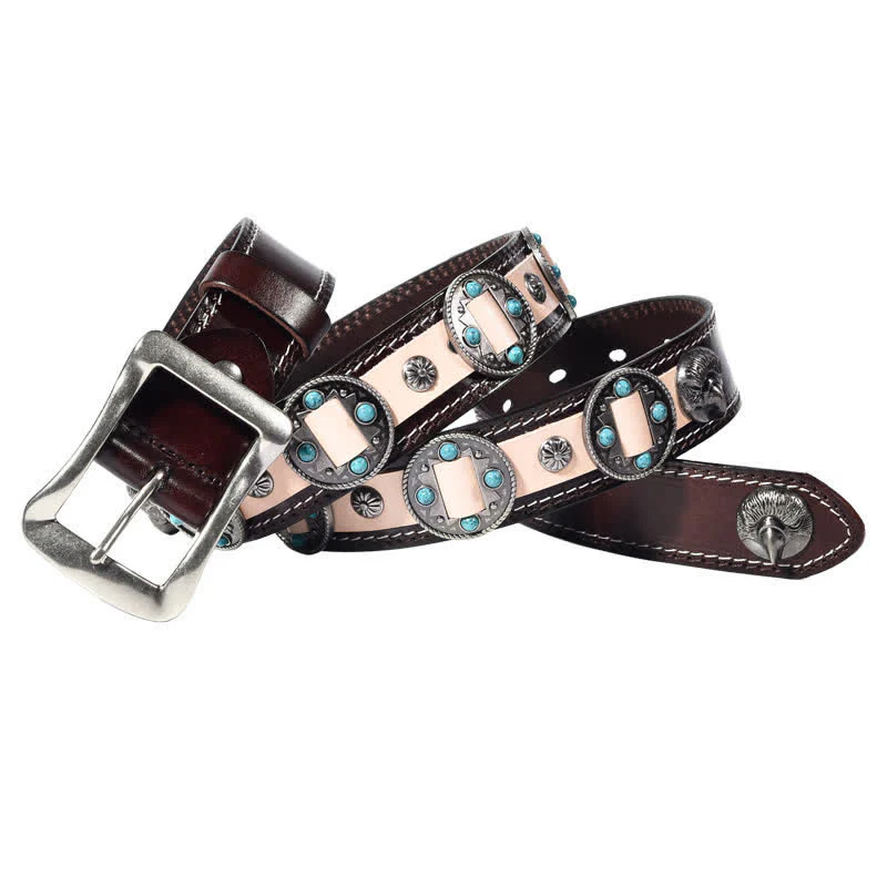 Men's Turquoise Inlay Floral Studded Leather Belt - Image 2