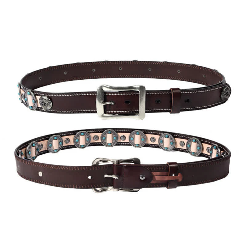 Men's Turquoise Inlay Floral Studded Leather Belt - Image 4