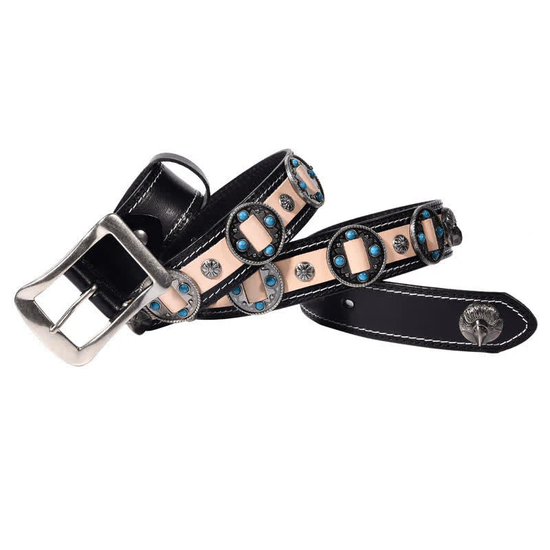 Men's Turquoise Inlay Floral Studded Leather Belt - Image 6
