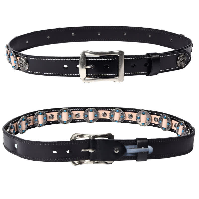 Men's Turquoise Inlay Floral Studded Leather Belt - Image 7