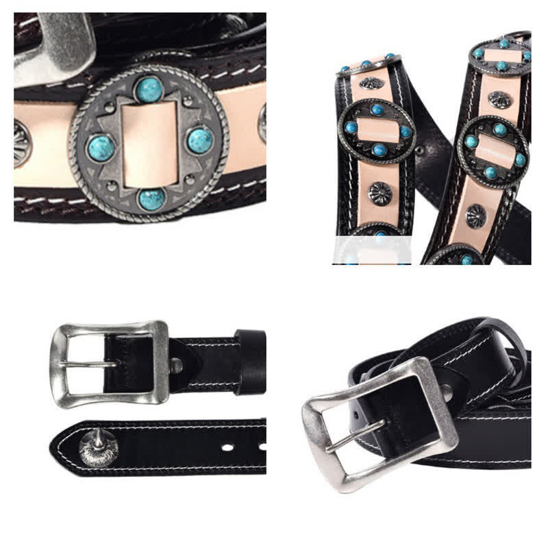 Men's Turquoise Inlay Floral Studded Leather Belt - Image 9