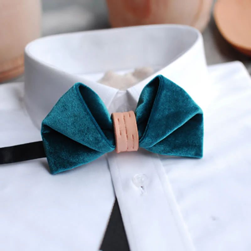 Men's Twisted Velvet Solid Color Leather Loop Bow Tie - Image 3