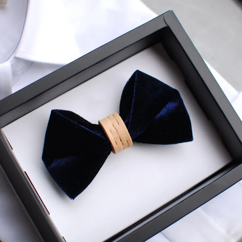Men's Twisted Velvet Solid Color Leather Loop Bow Tie - Image 4