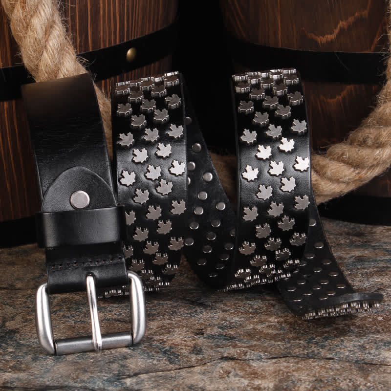 Men's Unique Maple Leaf Shape Rivets Leather Belt - Image 2