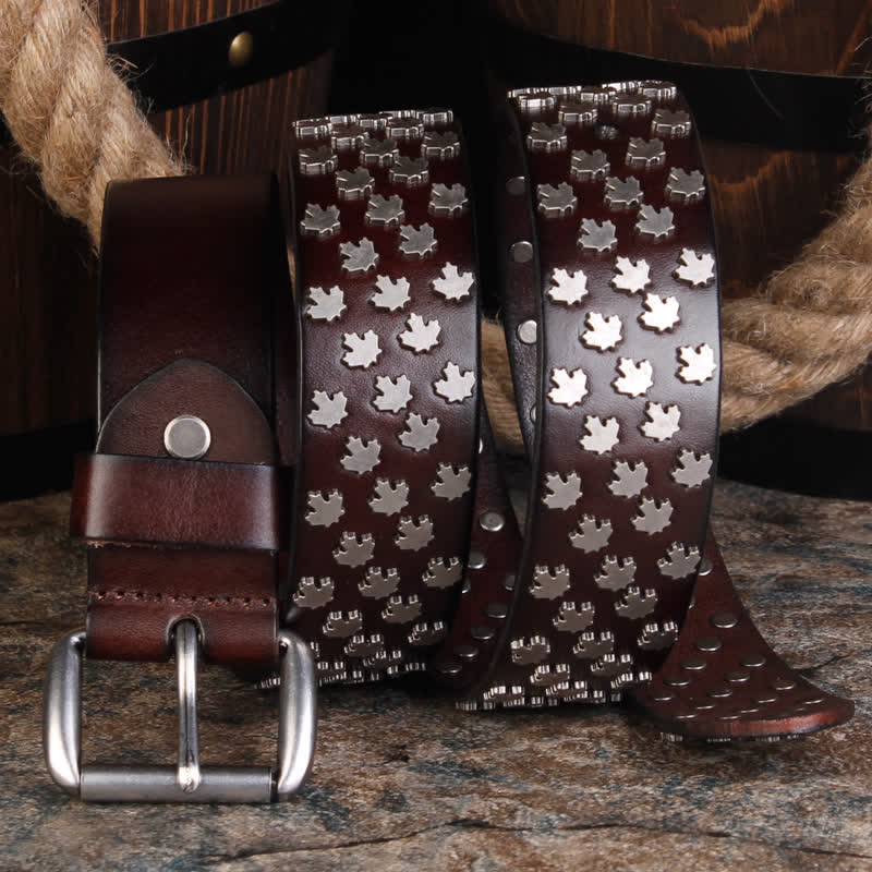 Men's Unique Maple Leaf Shape Rivets Leather Belt - Image 4