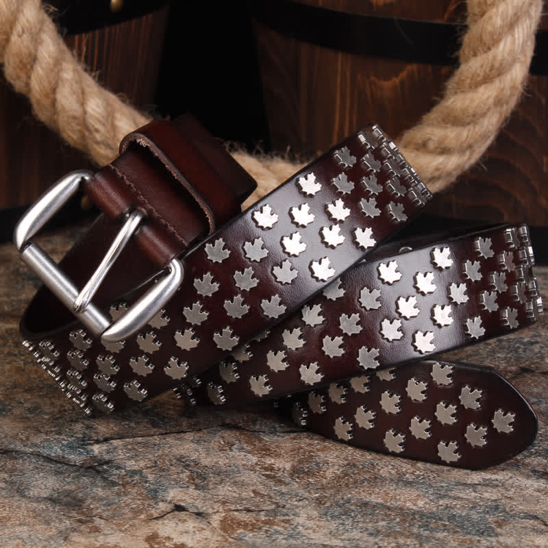 Men's Unique Maple Leaf Shape Rivets Leather Belt - Image 5