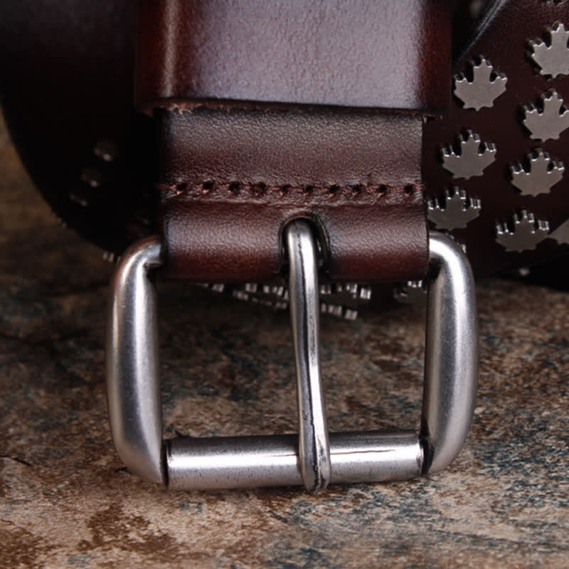 Men's Unique Maple Leaf Shape Rivets Leather Belt - Image 6