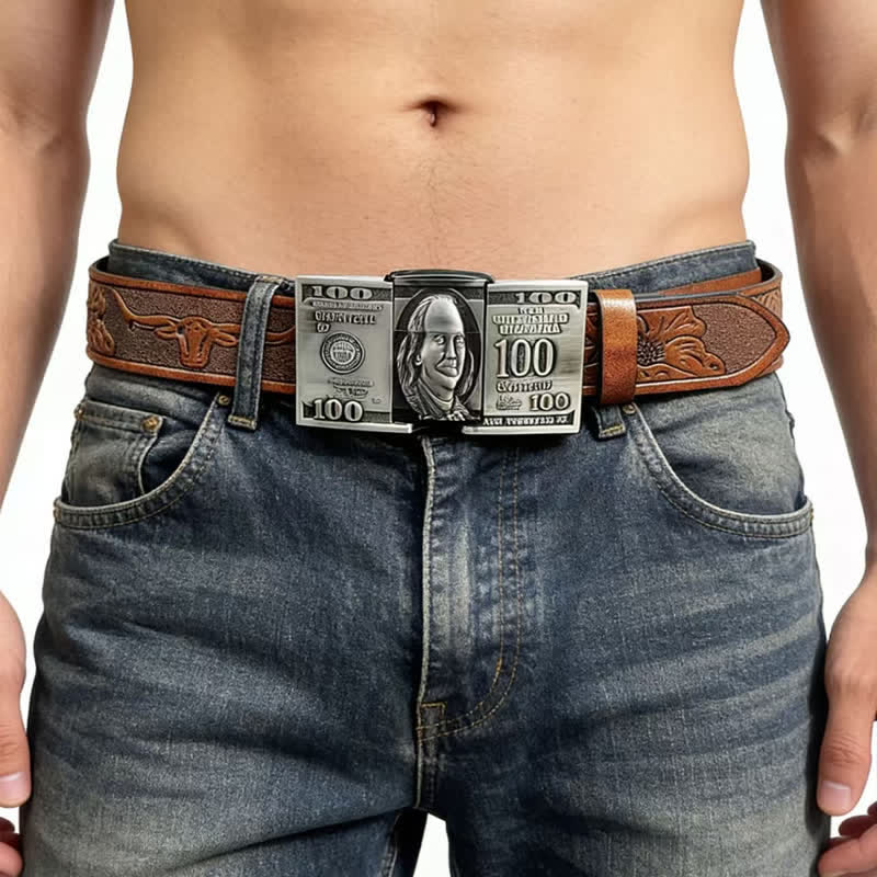 Men's US Dollar Bill Leather Belt With Hidden Kerosene Lighter - Image 2
