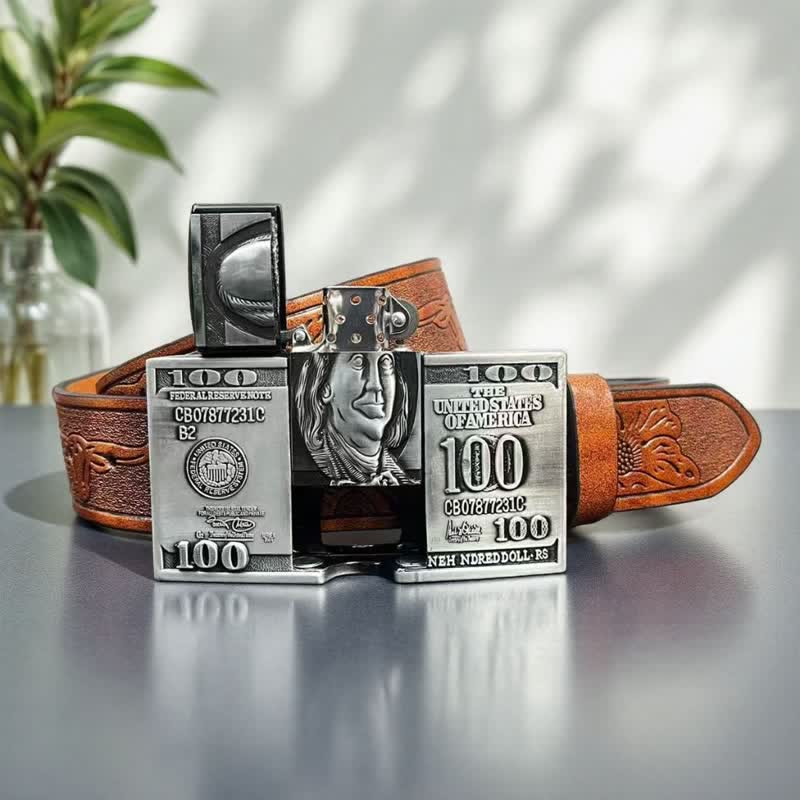 Men's US Dollar Bill Leather Belt With Hidden Kerosene Lighter - Image 3