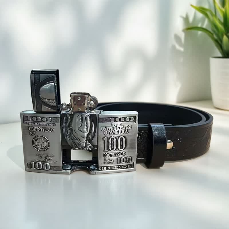 Men's US Dollar Bill Leather Belt With Hidden Kerosene Lighter - Image 6
