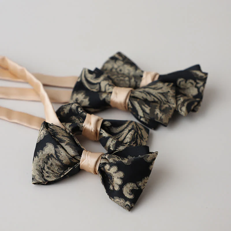 Men's Vintage Antique Gold & Black Floral Pattern Bow Tie - Image 2