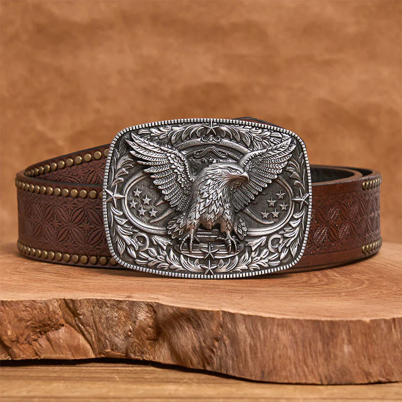 Men's Vintage Bronze 3D Eagle Buckle Leather Belt - Image 10