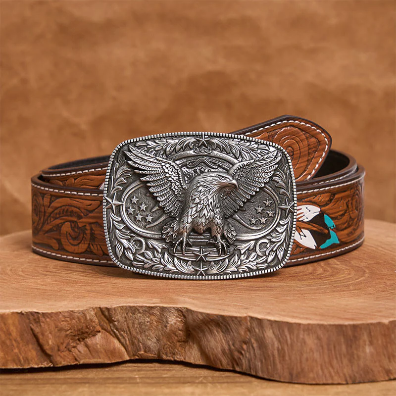 Men's Vintage Bronze 3D Eagle Buckle Leather Belt - Image 16